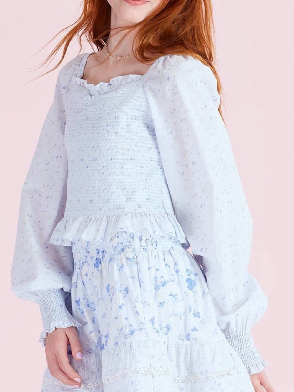 NWT LoveShackFancy x Target Girls Smocked Long Sleeve Top Blue Floral Top Sz 16